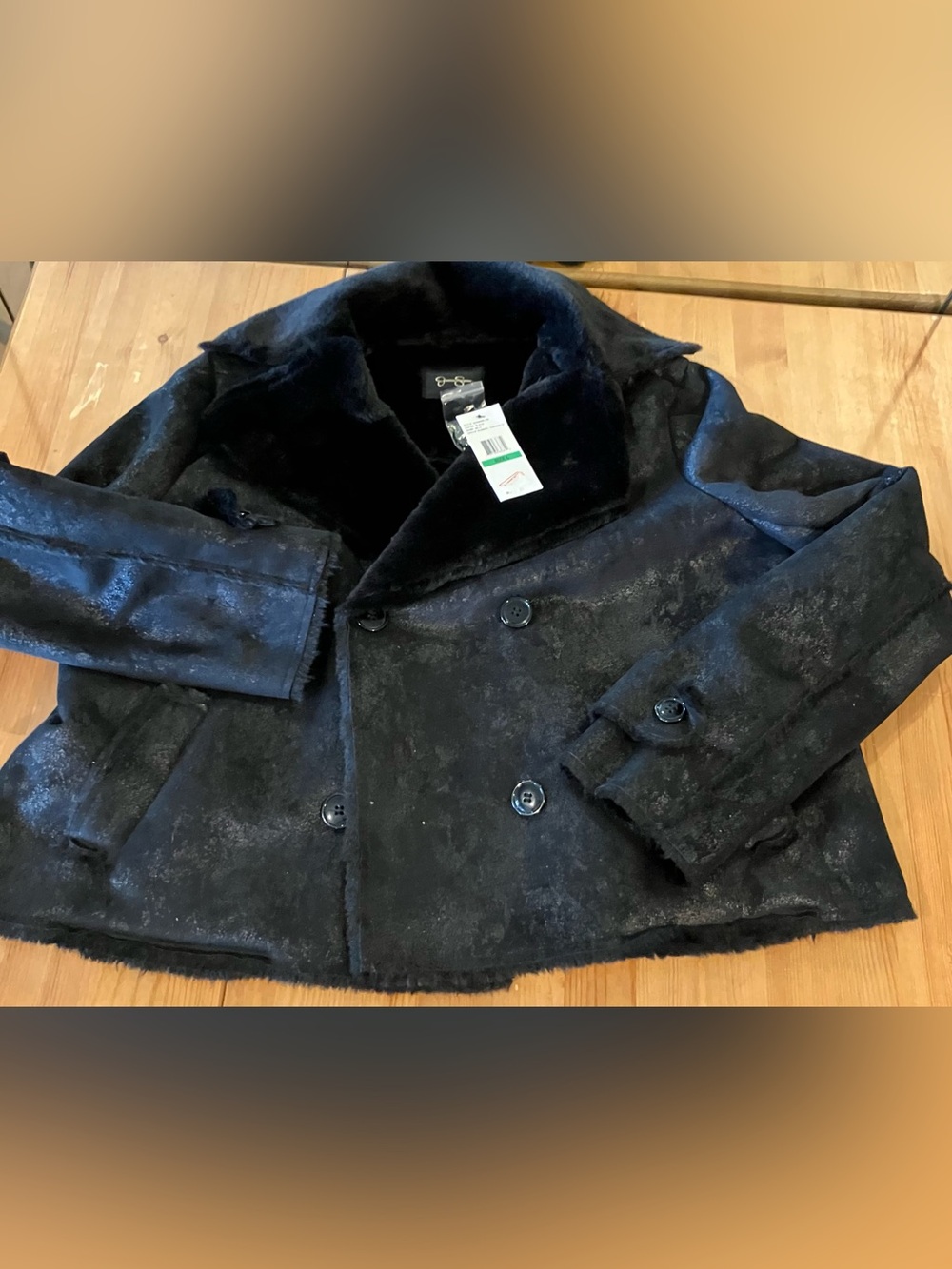 NEW Jessica Simpson Black Faux Fur Double-Breasted Cropped Coat Milo Size Large